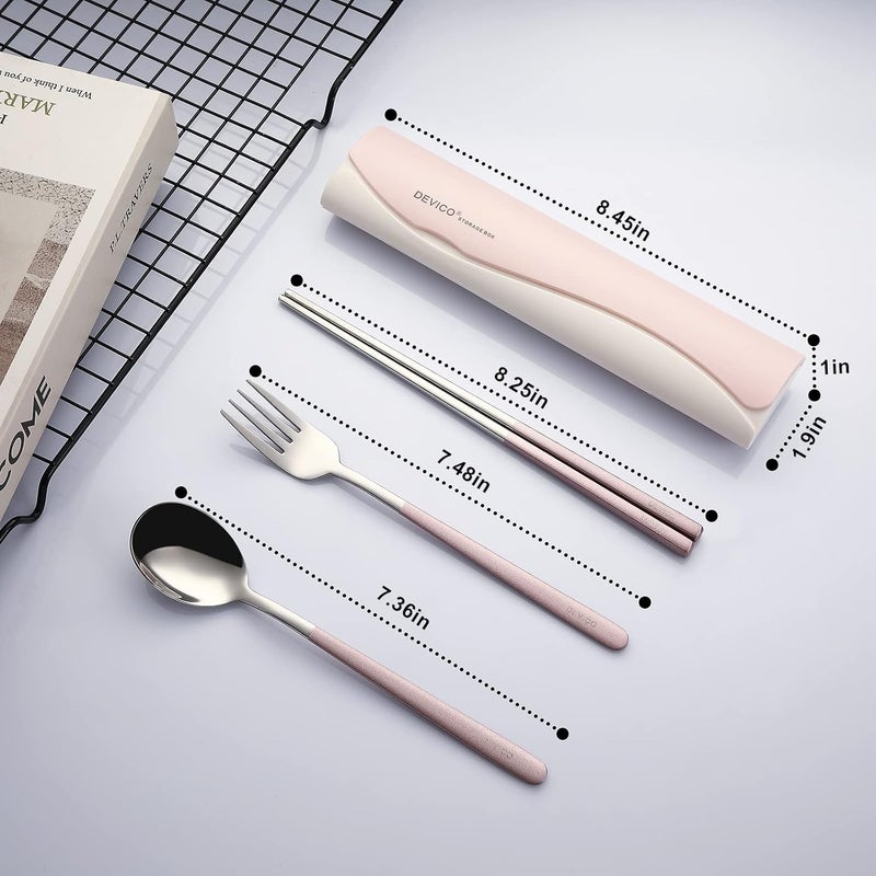 DEVICO Portable Travel Utensils with Case, Reusable Camping Silverware for Lunch, 18/8 Stainless Steel Cutlery Set (Pink) - Image 2